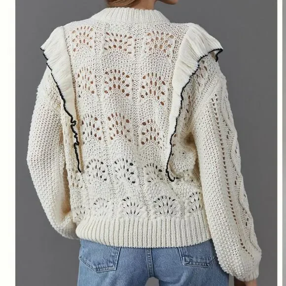 En Saison Anthropologie Dee Ruffled Sweater Cream Balloon Sleeve Pointelle S EUC - Picture 3 of 14